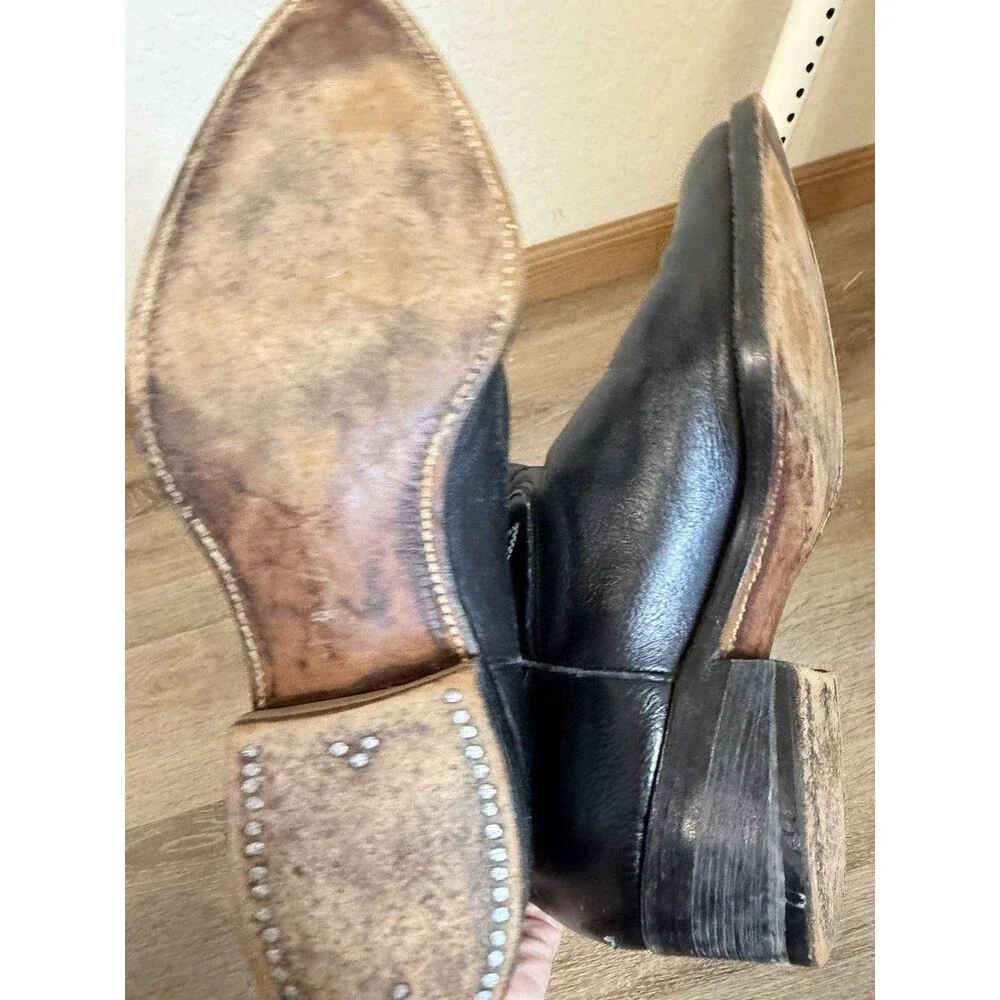 Men’s Black Leather Cowboy Boots Almond Toe Western Embroidered Boots -No Size